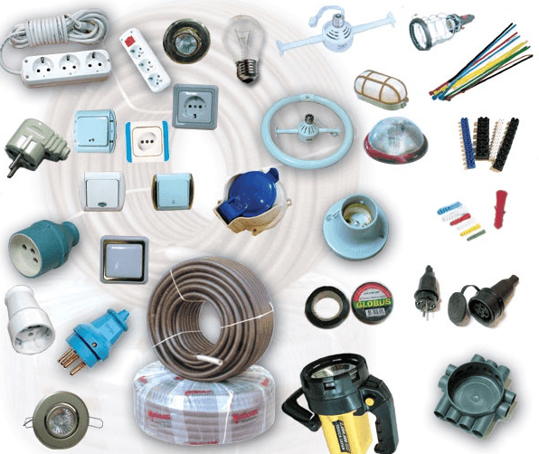 Elektrik tesisatı için kablo, priz, anahtar ve aydınlatma armatürleri